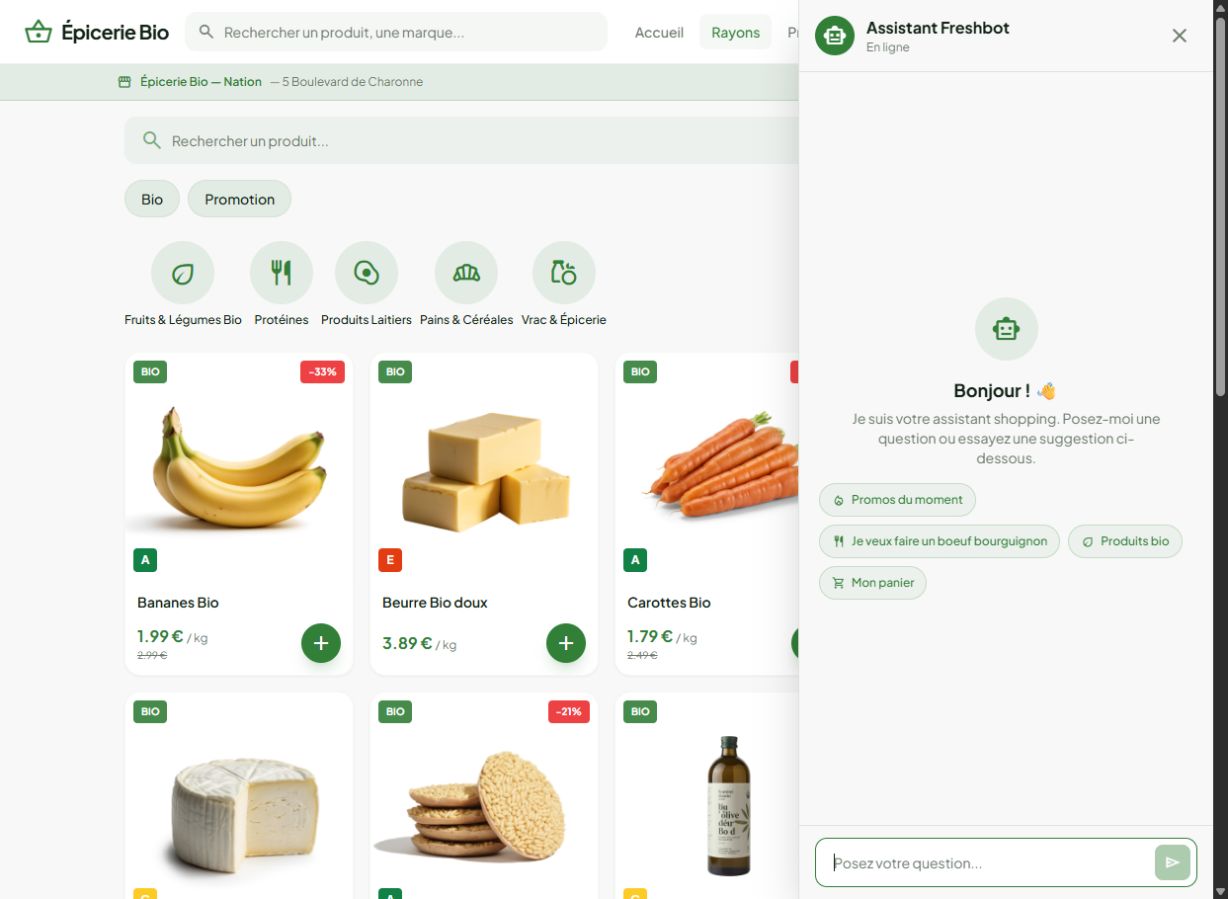 Le chatbot Freshbot et ses suggestions dans la boutique de démonstration
